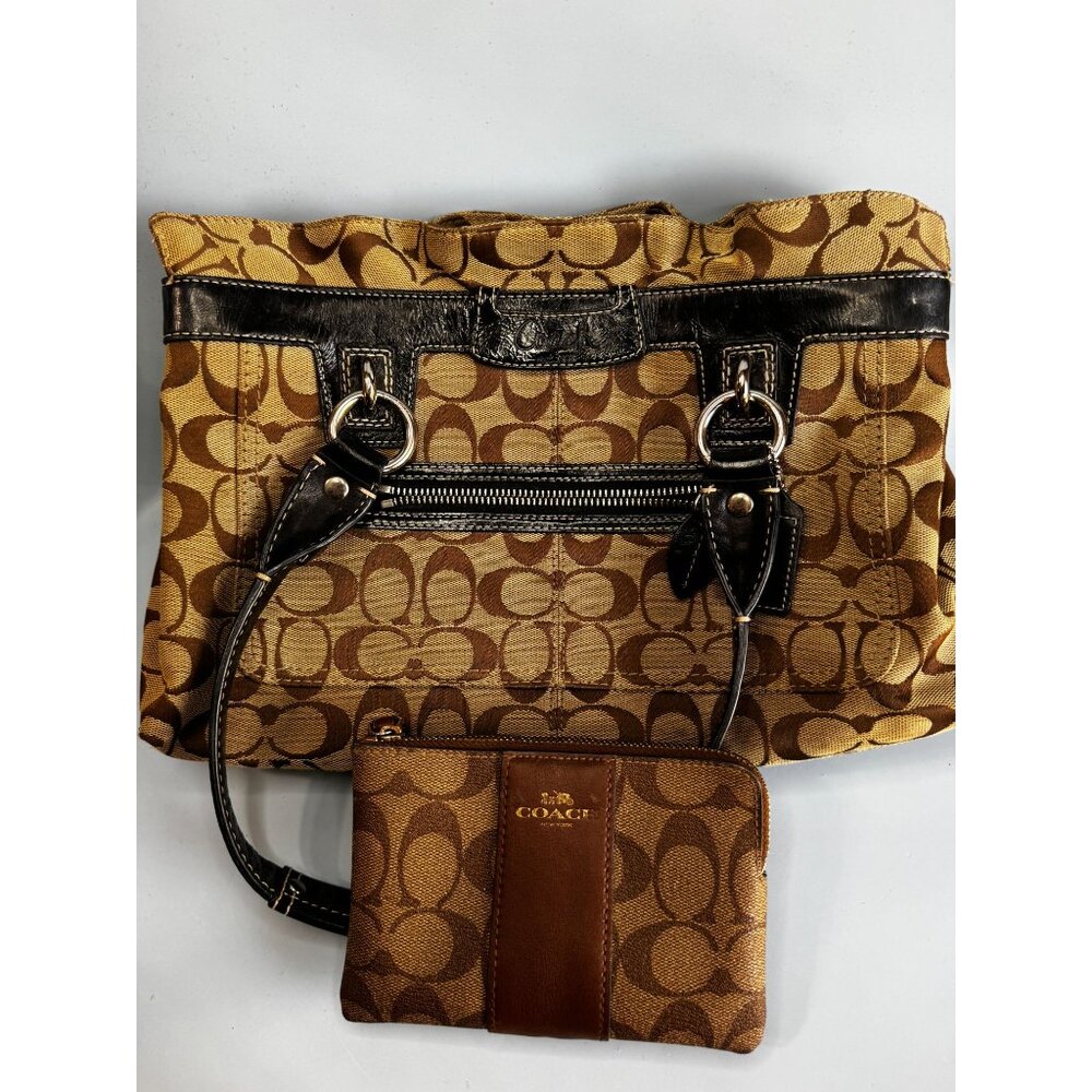Coach Signature C Tote Bag Khaki Brown Black Leather Trim With Wristlet F14686 - Picture 3 of 8